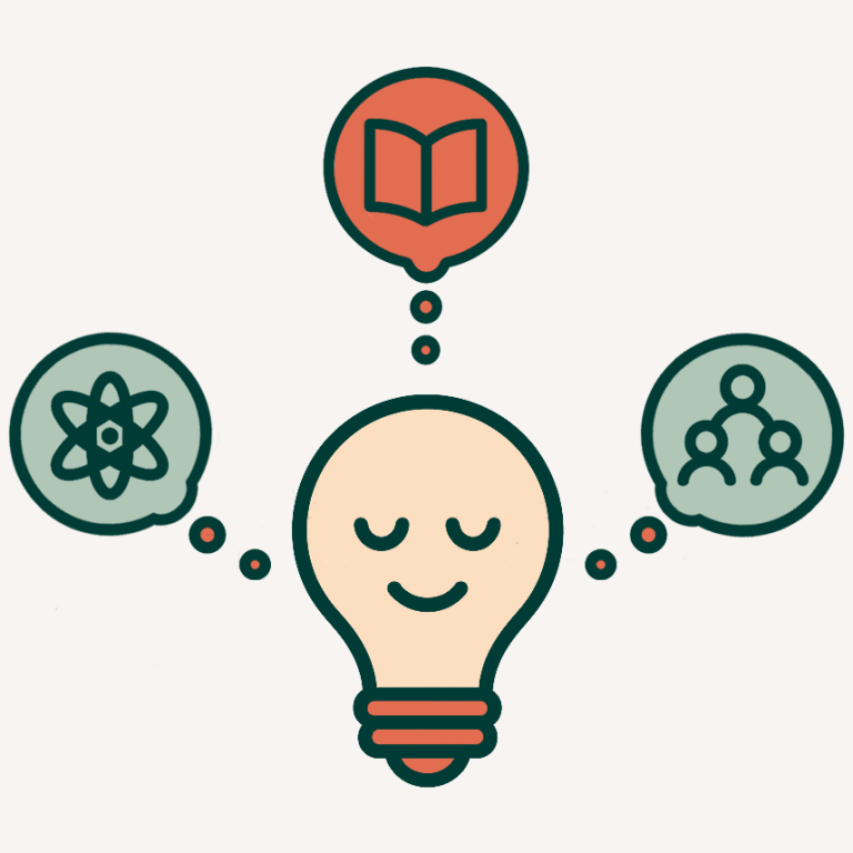 Conocimiento científico e innovación — mejora continua Bombilla con cara sonriente de la que salen tres burbujas de pensamiento con átomo, libro y grupo de personas: Conocimiento actualizado.