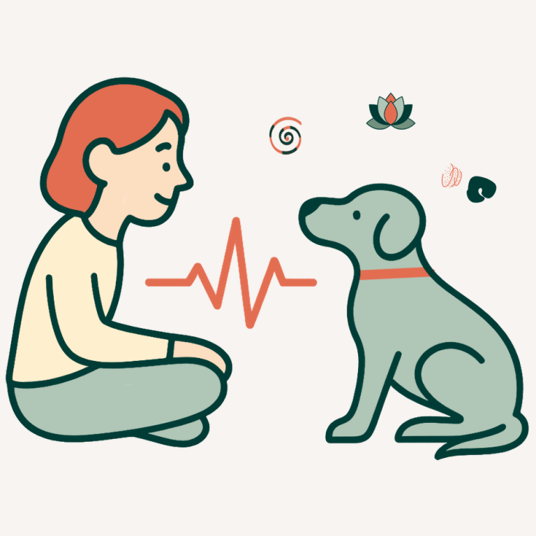 Bienestar y vínculo — equilibrio y conexión Persona sentada frente a un perro con línea de pulso entre ambos, simboliza bienestar compartido y vínculo emocional y bienestar integral.