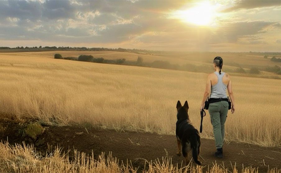 Conexión y bienestar — un camino que recorremos juntos Mujer caminando con su perro al atardecer por un campo dorado, imagen de calma, conexión y camino compartido.