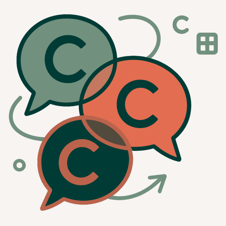 Comunicación consciente — coherencia y claridad Tres bocadillos de diálogo con letras C entrelazadas, representan una comunicación coherente, consistente y consecuente.