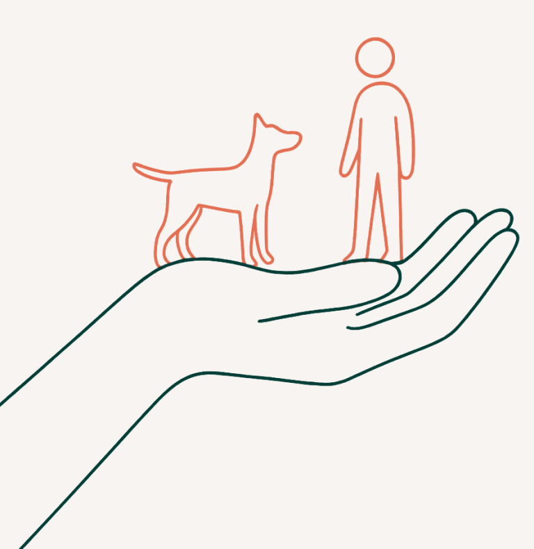 Educación canina personalizada — acompañamiento y apoyo Una mano sostiene a una persona y un perro, simbolizando acompañamiento, cuidado y protección.