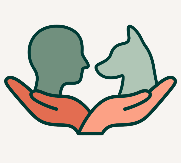 Respeto, ética y adaptabilidad — proteger y cuidar Dos manos sosteniendo la silueta de una persona y un perro, simbolizando respeto, protección y ética en la relación.
