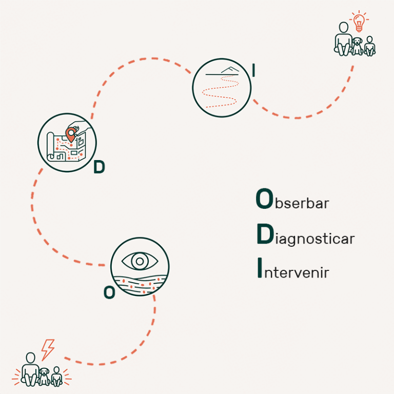 Camino con tres pasos conectados: Observar, Diagnosticar, Intervenir. 
Método ODI de educación canina.